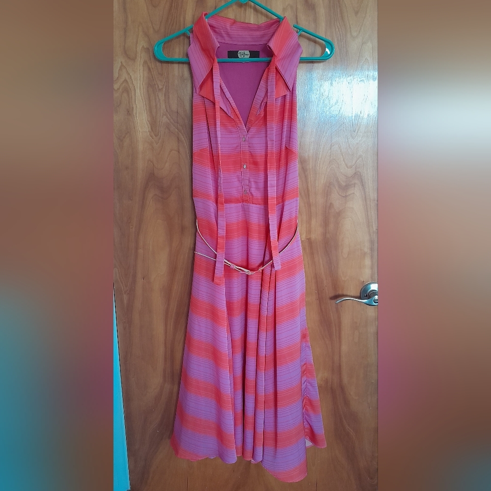 Eva Franco Red and Pink Striped Collared Midi Shirt Dress, size 6